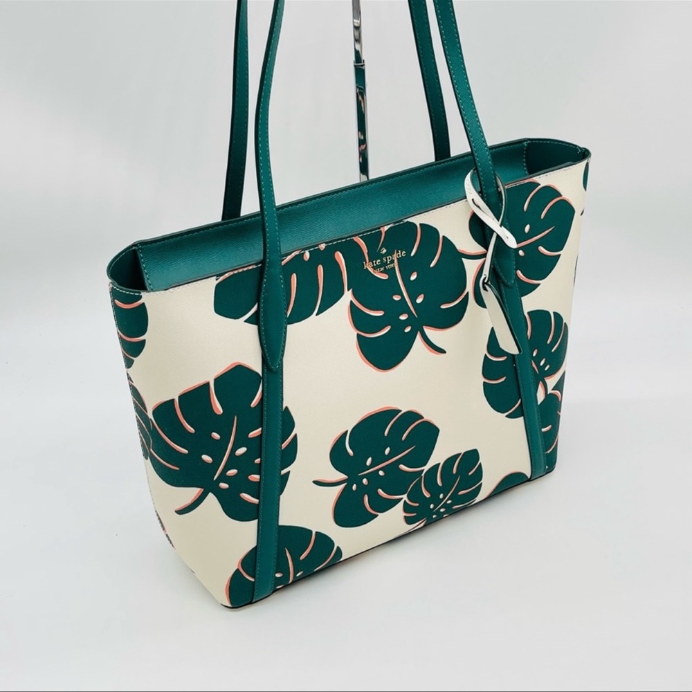 Kate Spade Cara Monstera Leaves Printed Refined Grain Leather Large Tote Bag - Picture 7 of 11